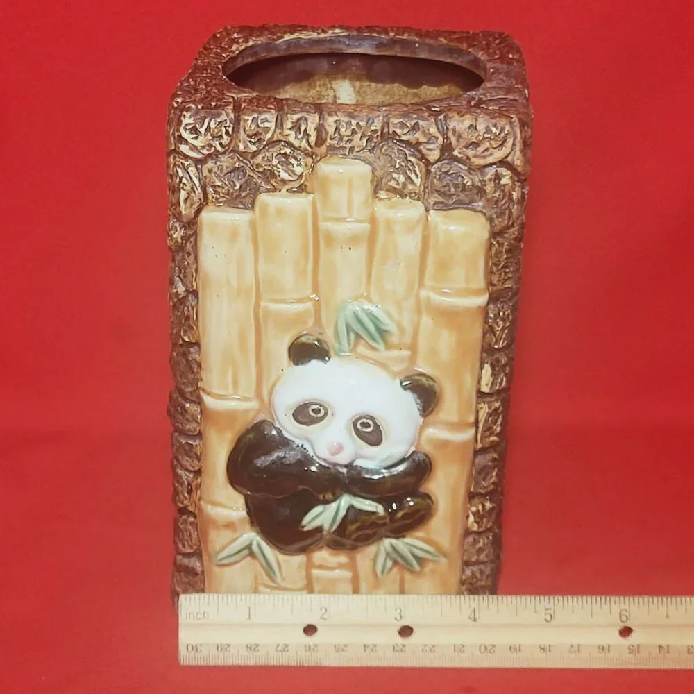 Vintage Panda Bamboo Ceramic Pottery Planter Large Vase